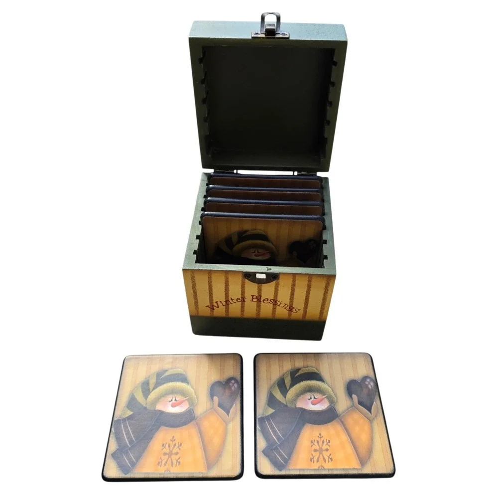 Snowman Coaster Set In Wood Box - Set Of 6 Coasters Wooden Plus Box